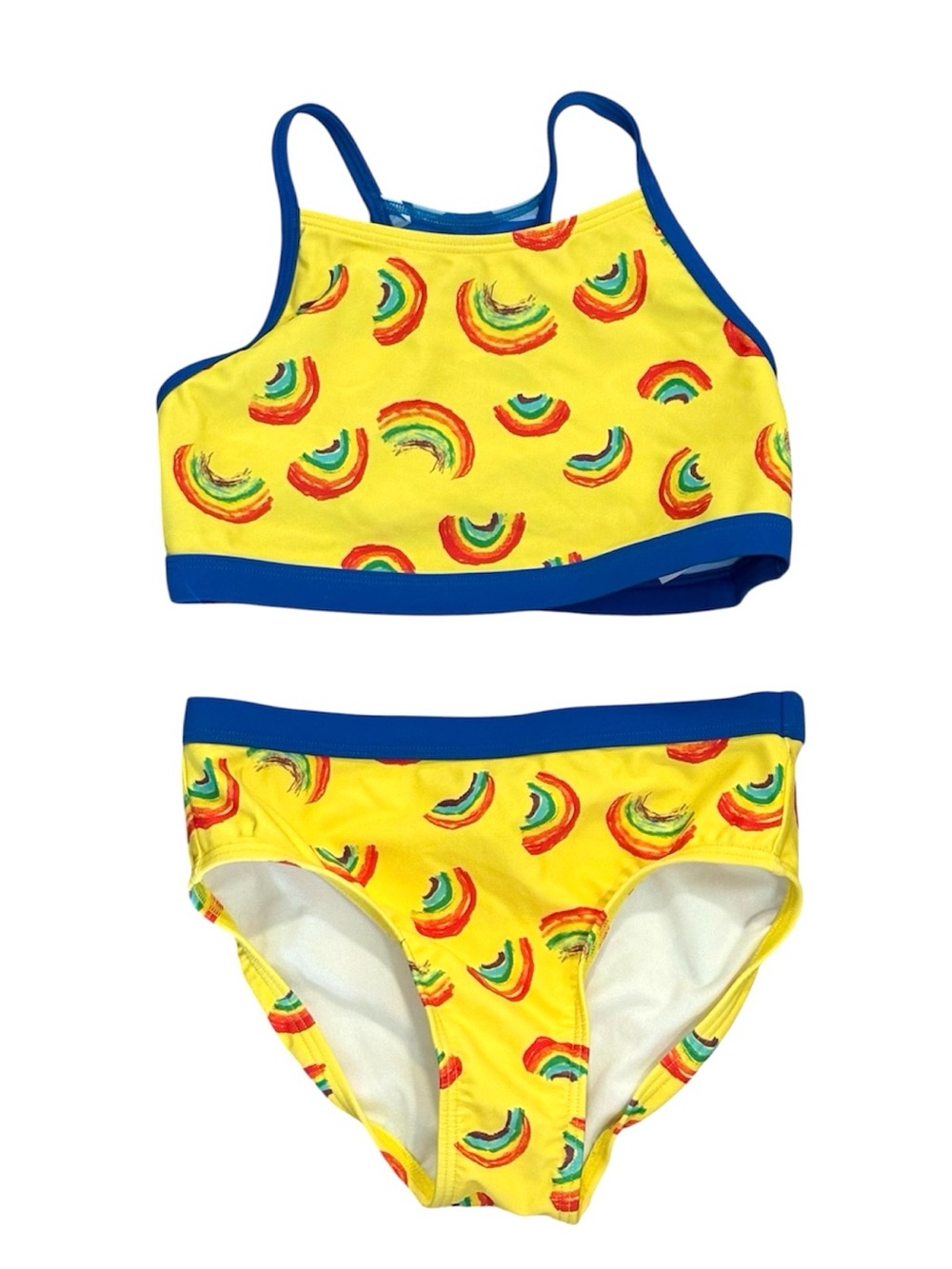 L.L. Bean Yellow Rainbow Print Girls Two-Piece Swim Set with Blue Trim